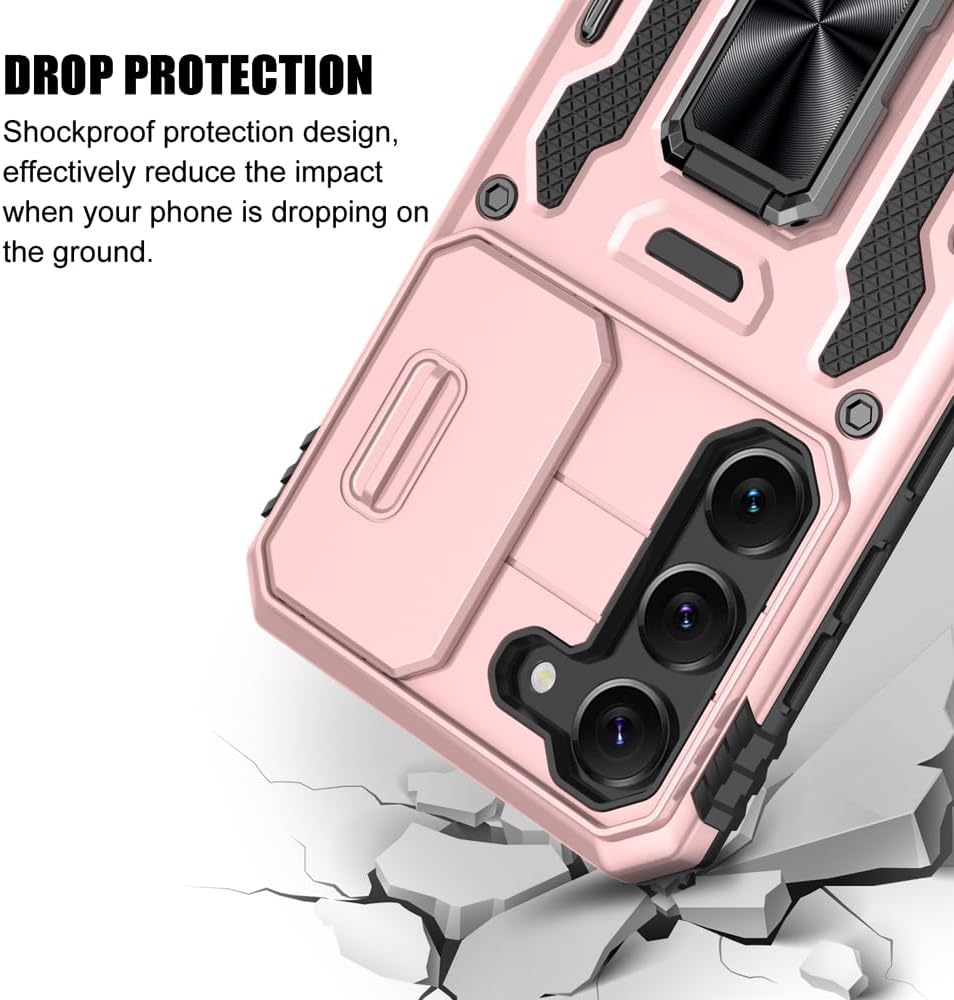 Shockproof Phone Case for Samsung Galaxy S23 with Sliding Camera Cover & Rotatable Ring Holder Kickstand + Tempered