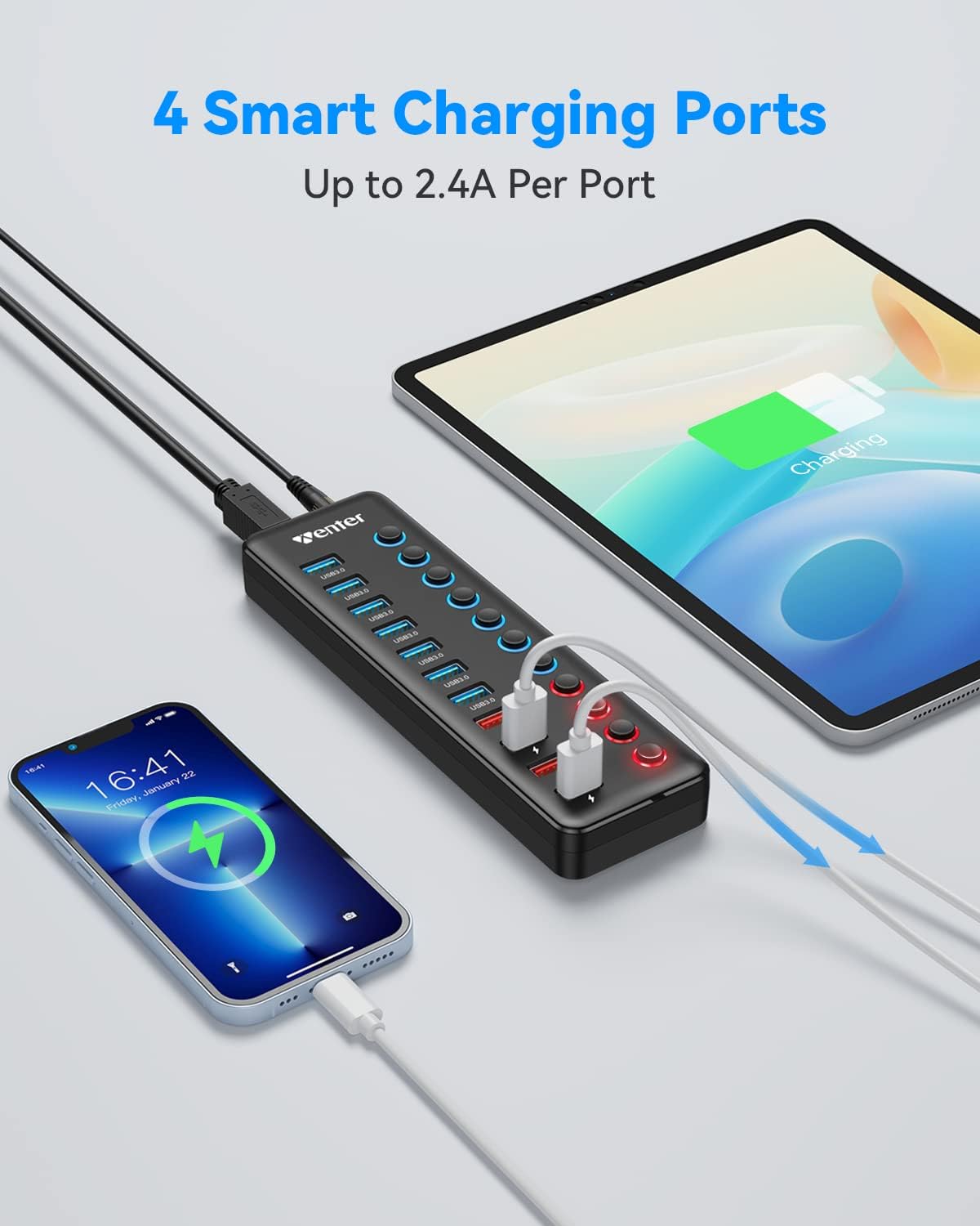 Powered USB 3.0 Hub, Wenter 11-Port Hub Splitter (7 Faster Data Transfer Ports+ 4 Smart Charging Ports) with Individual LED On/Off Switches, Power Adapter for Mac, PC