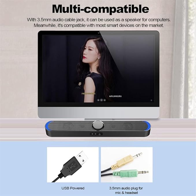 Computer Speakers for Desktop USB Powered Speaker Bar Portable Computer Speakers 3.5mm Audio Mic Plug Wired Soundbar Speaker for PC Tablet Laptop(D)