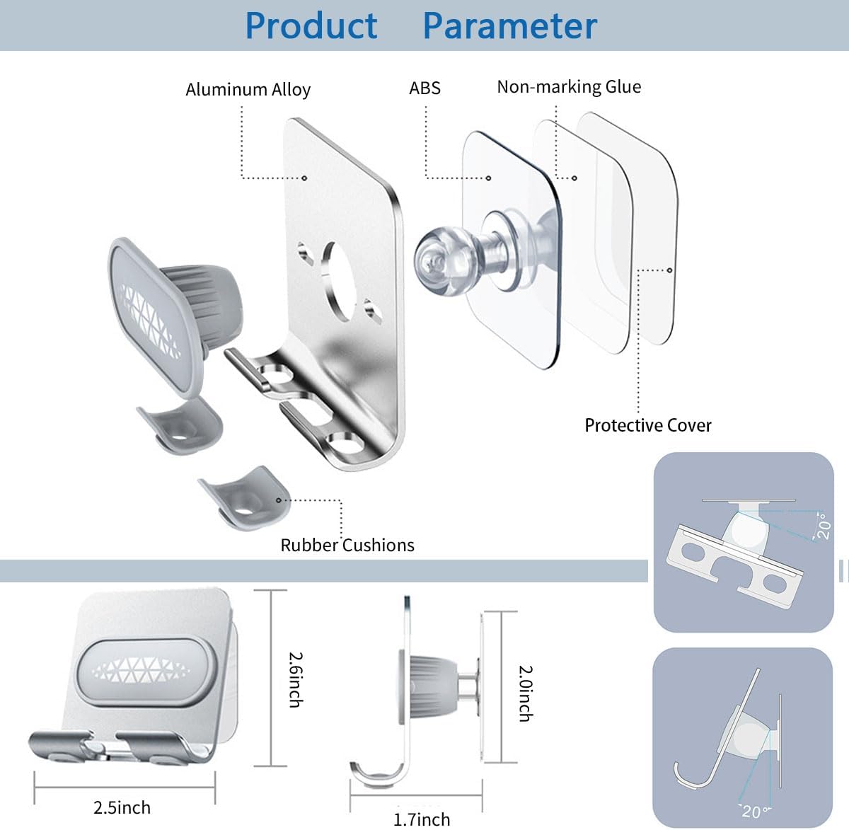 Shower Phone Holder with 2PCS Adhesive Stickers, Wall Mount Stand for Bathroom and Kitchen (Silver-Gray)