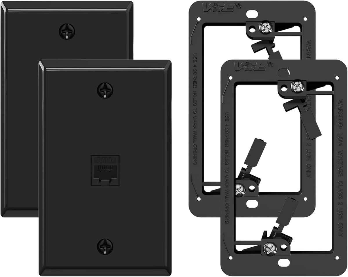 VCE Black Ethernet Wall Plate (UL-Listed), 1-Port CAT6 Wall Plate and Jack, RJ45 Keystone Wall Outlet with Single Gang Low Voltage Mounting Bracket, 2-Pack