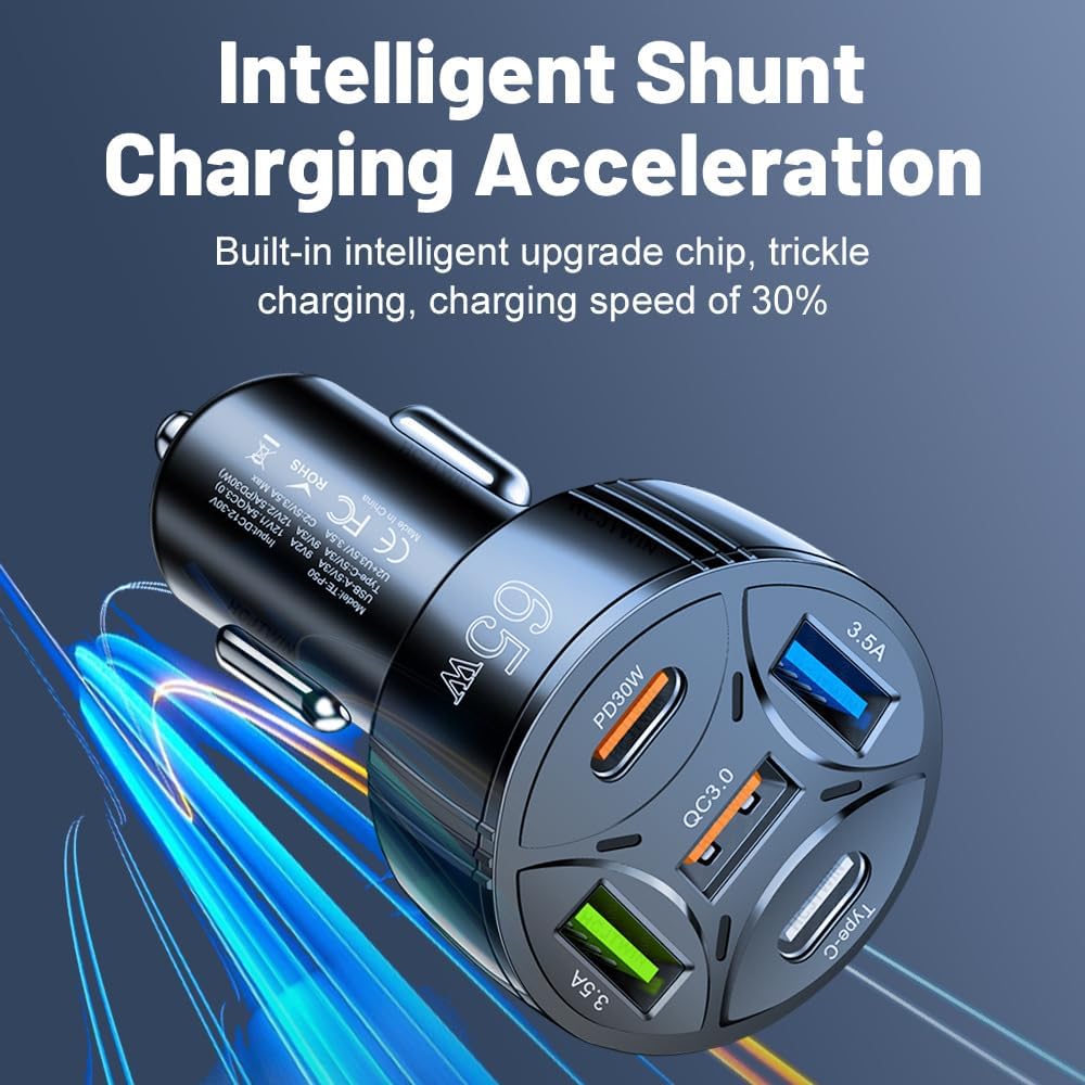 65W USB C Car Charger, PD30W & QC3.0 Fast Charging Cigarette Lighter Plug Adapter for iPhone/Android/Samsung