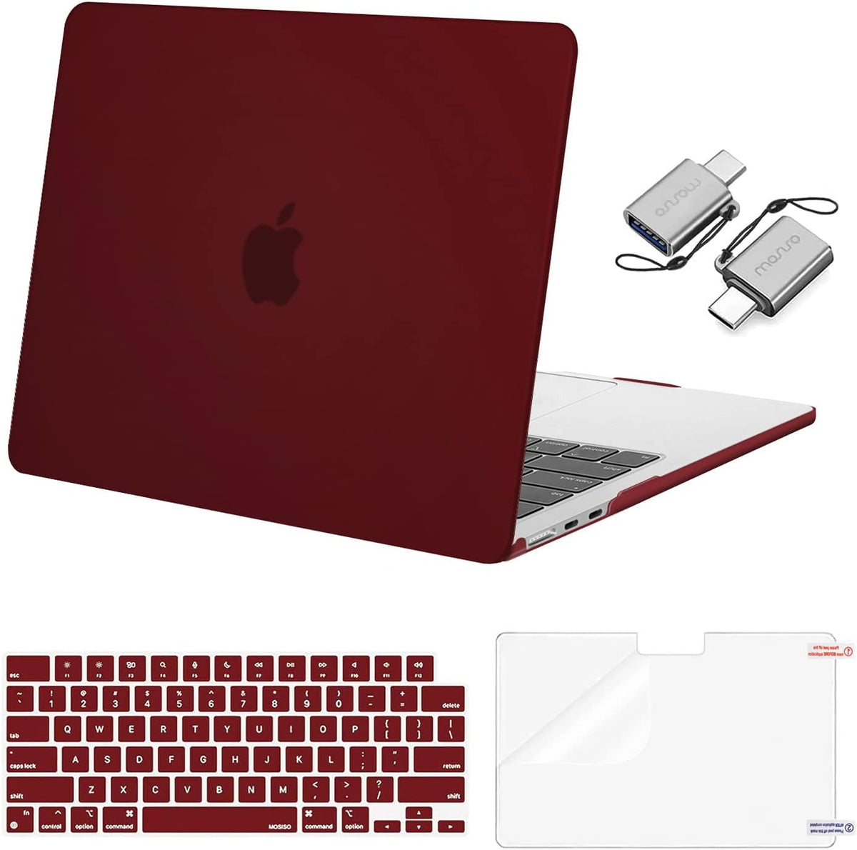 MOSISO Compatible with MacBook Air 13 inch Case 2025 2024 2023 2022 M4 A3240 M3 A3113 M2 A2681, Plastic Hard Shell&Keyboard Cover&Screen Film&Type C for MacBook Air 13.6 inch Case, Burgundy