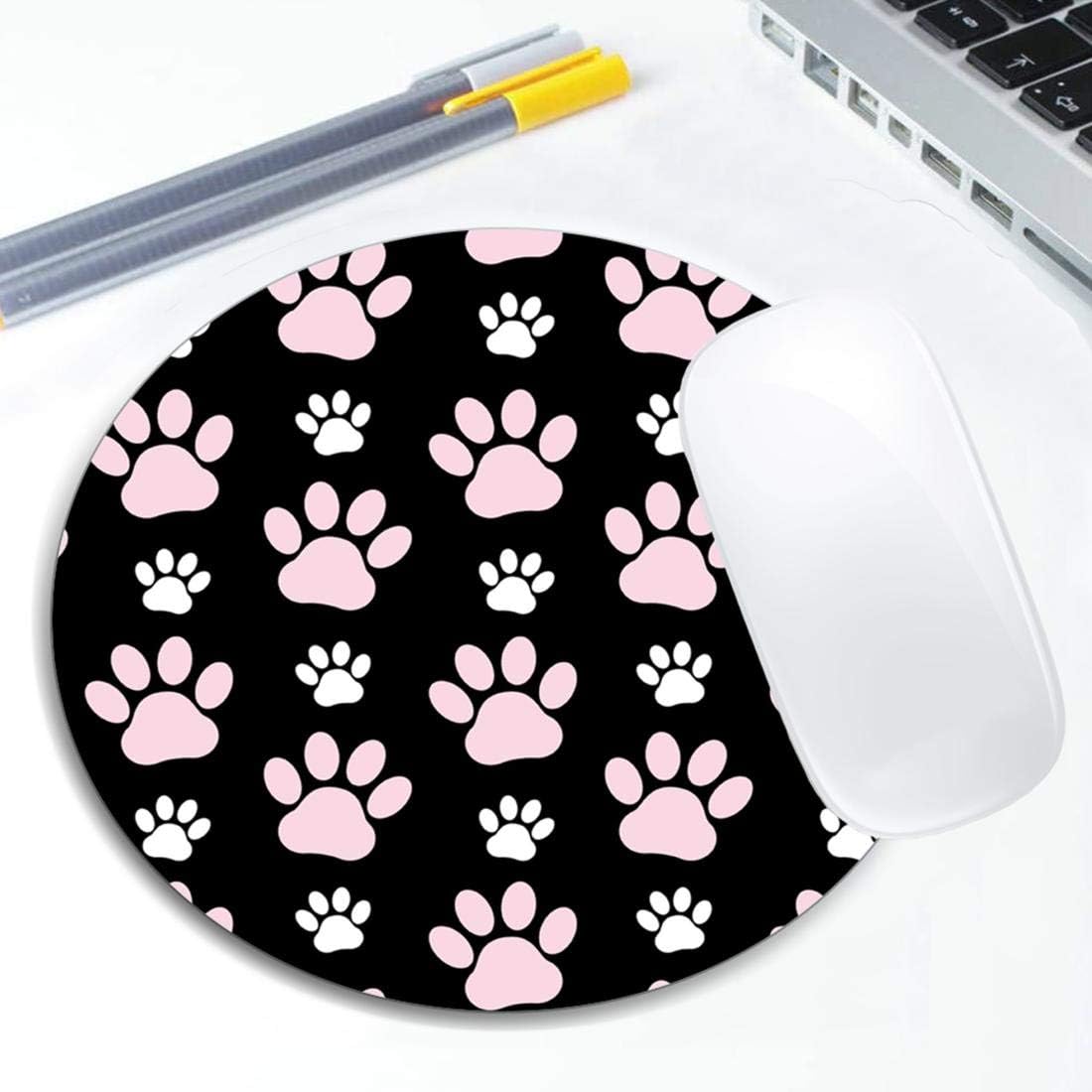 Puppy Paws Dog Traces Animal Paws Pink Mouse Pad Round Non-Slip Rubber Mousepad Laptop Office Computer Decor Cute Desk Accessories Customized Design Mouse Pad
