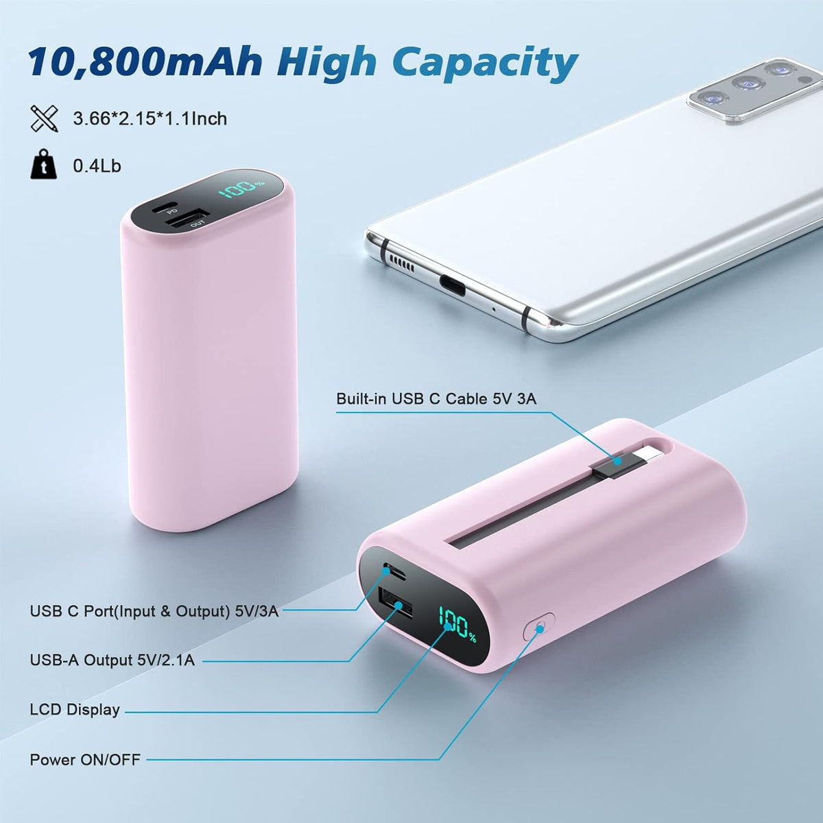 Small Portable Charger 10800mAh with Built-in USB-C Cable, Mini PD 3A Fast Charging Battery Pack for Samsung Galaxy