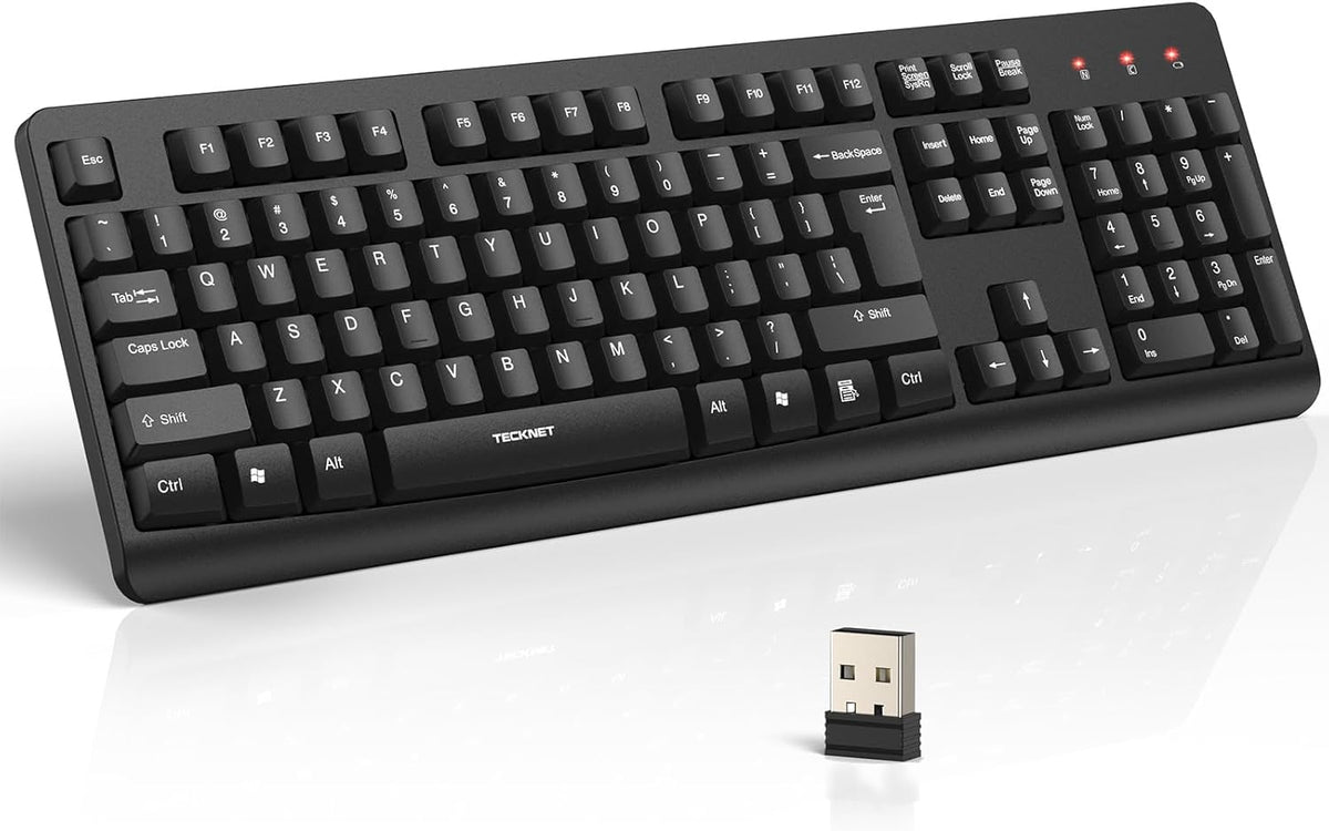 TECKNET Wireless Keyboard, 2.4G Silent Full-Size USB Keyboard with Number Pad, Ergonomic Keys & Foldable Feet, Compatible with Laptop, PC, Desktop, Surface, Windows 11/10/8/7 – QWERTY US Layout, Black
