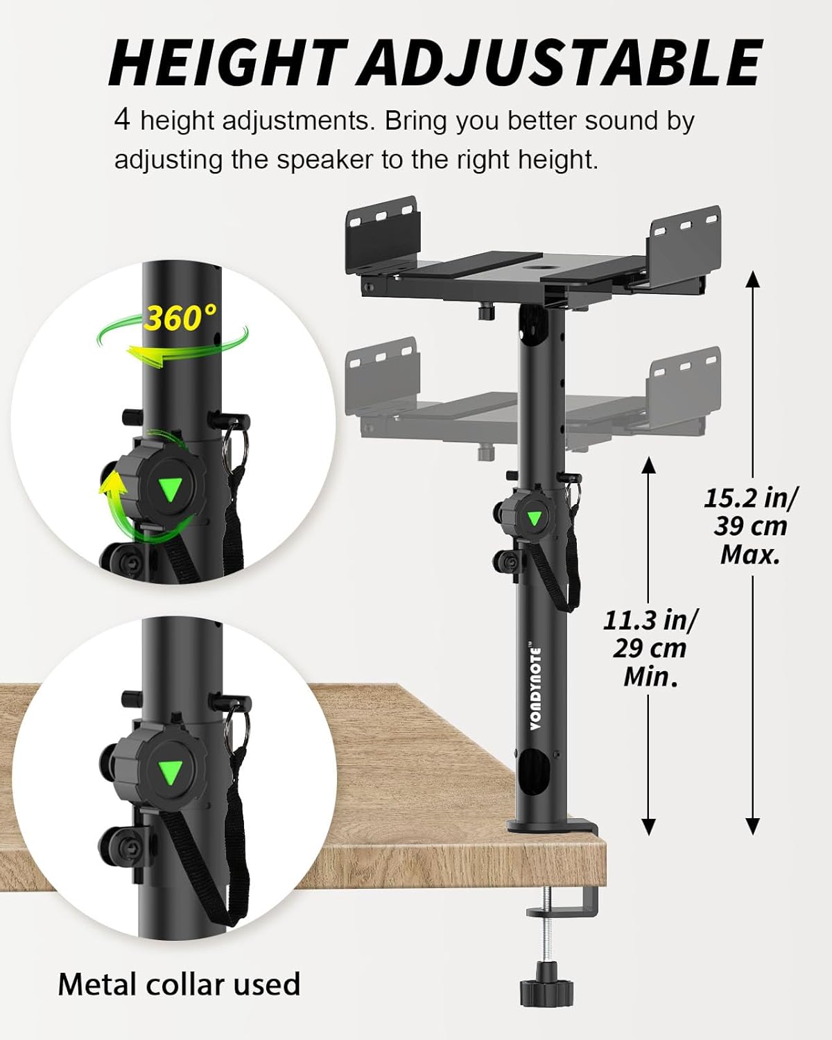 Set of 2 Dual Side Clamping Studio Monitor Stands Desktop Clamp Speaker Stands with Cable Management Extendable Top Plate Mounted by Screws