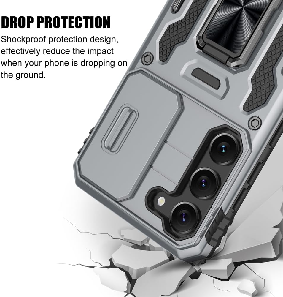 Samsung Galaxy S23 Case, Gray Shockproof Phone Case with Sliding Camera Cover & Rotatable Ring Holder + Screen Protector