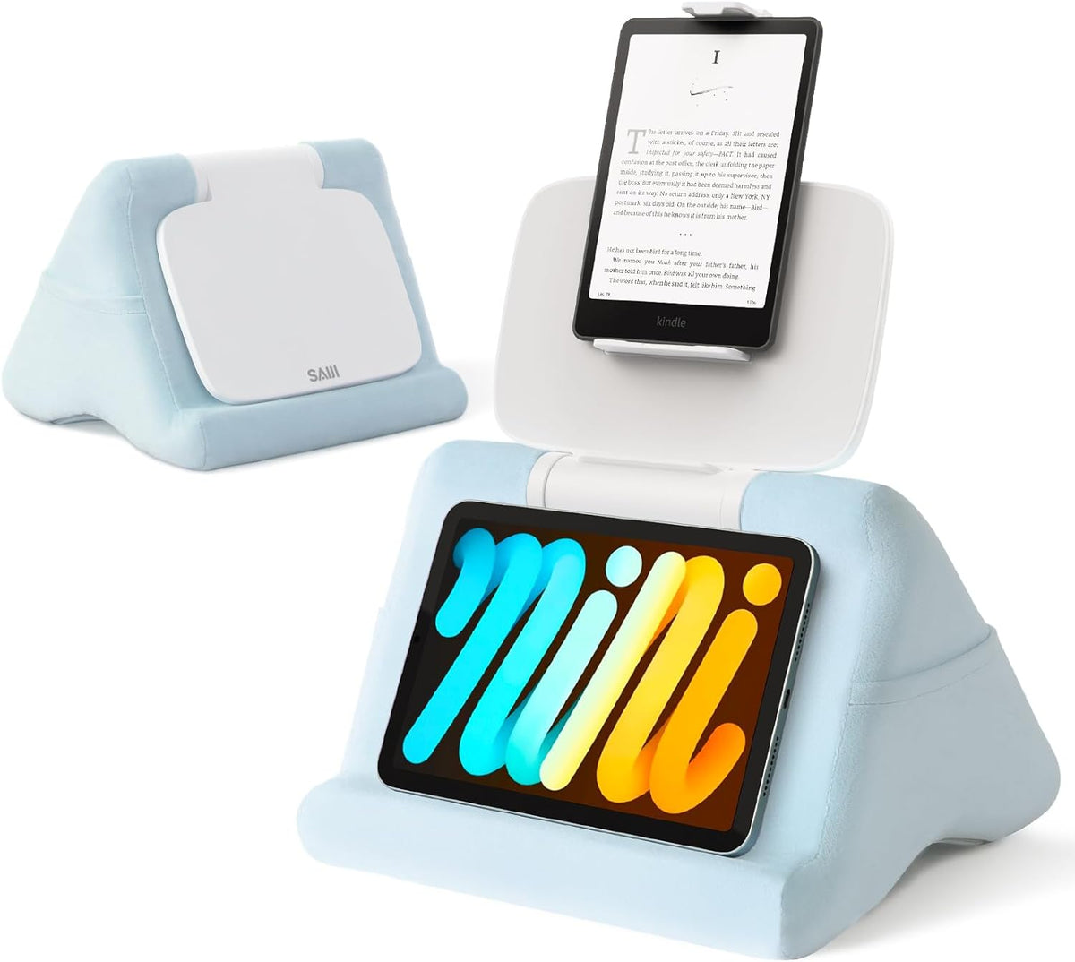 SAIJI Tablet Kindle Stand Pillow - iPad Holder for Lap Reading in Bed, with Lifter & Angle Adjustable Multi-Function Clip for 4-13" Tablets, iPad, Kindle, Phone, Blue