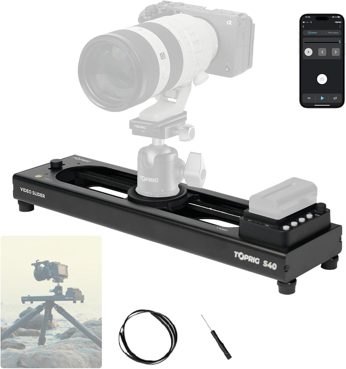 Accsoon Toprig Video Slider, 16''/40cm Motorized Camera Slider with Full Button Control, Support APP-Video Mode/Time-Lapse/Loop Mode, Speed Control Konb, 120° Panoramic Shooting for Photographer