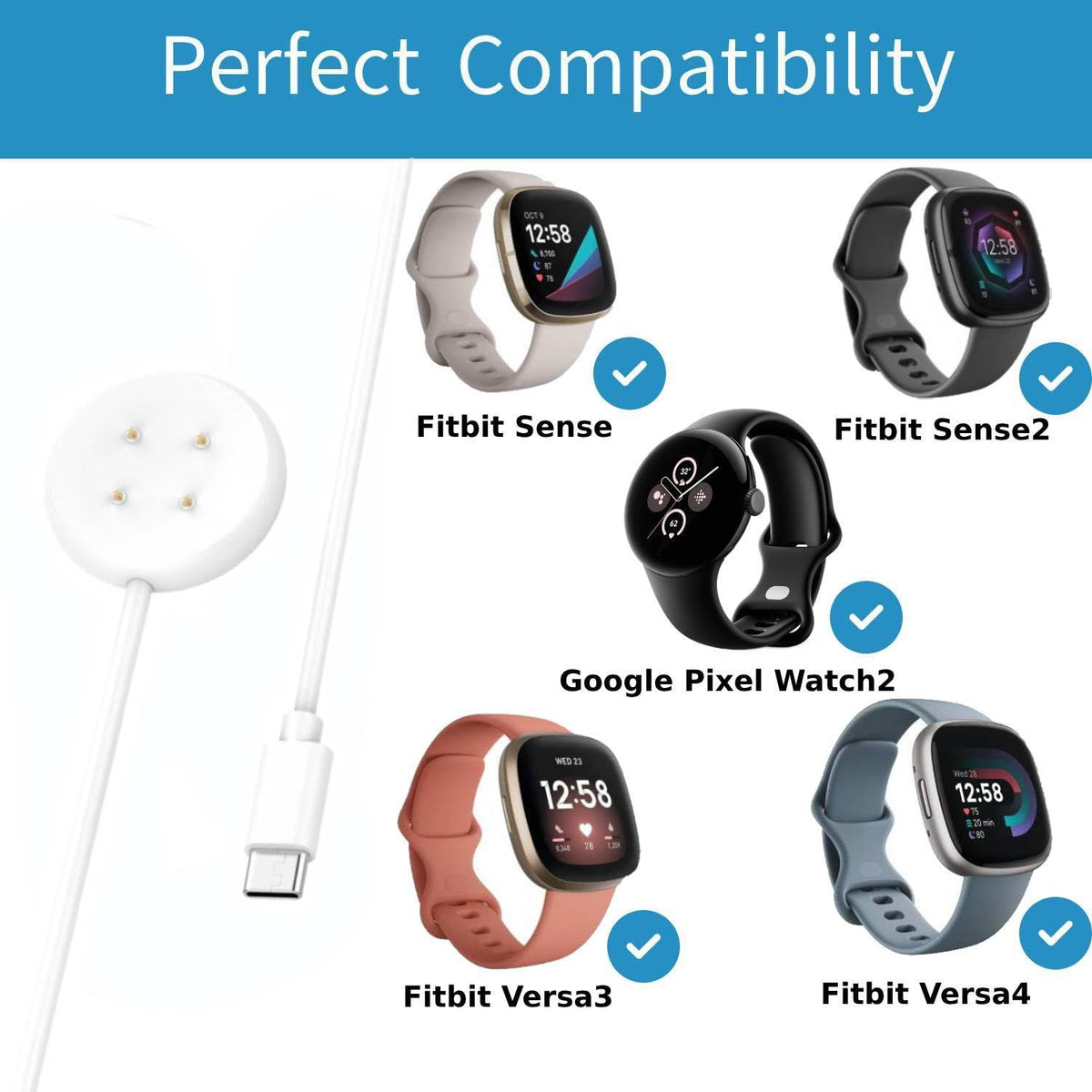 [2-Pack] Charger for Google Pixel Watch 2 & Fitbit Sense/Sense 2/Versa 3/4, White USB C Magnetic Fast Charging Cable