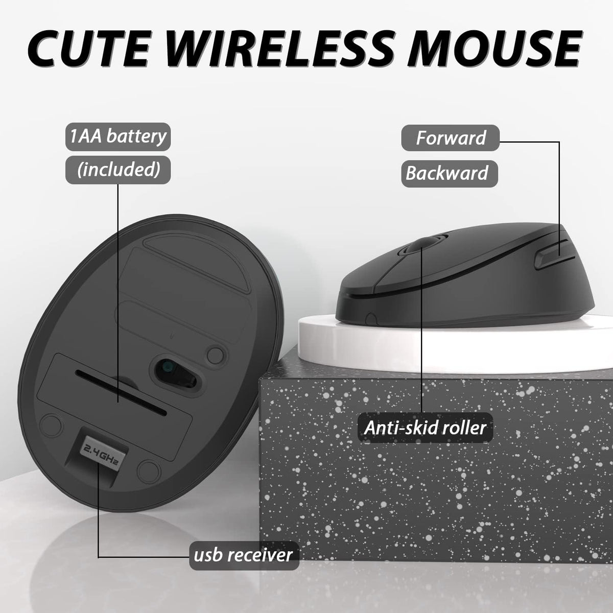 Wireless Keyboard and Mouse, KOOTOP Cute Black Keyboard and Mouse, 2.4G Wireless Keyboard with Retro Round Keycap for PC, Mac, Laptop,Tablet,Computer Windows (Black)
