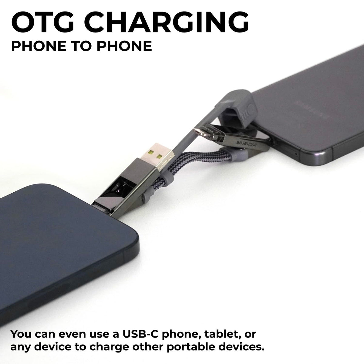 Rolling Square inCharge XS - 240W 4in1 Keyring Cable | Fast Charging & Data Transfer | Universal USB C/Lightning/USB Cable with Metal Housing | N52 Magnets | Eco-Friendly | Gray