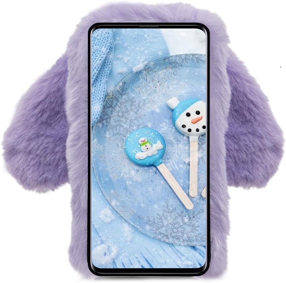 Aearl Rabbit Fur Ball Case for Samsung Galaxy A51, Luxury Cute 3D Plush Purple Phone Cover for Girls