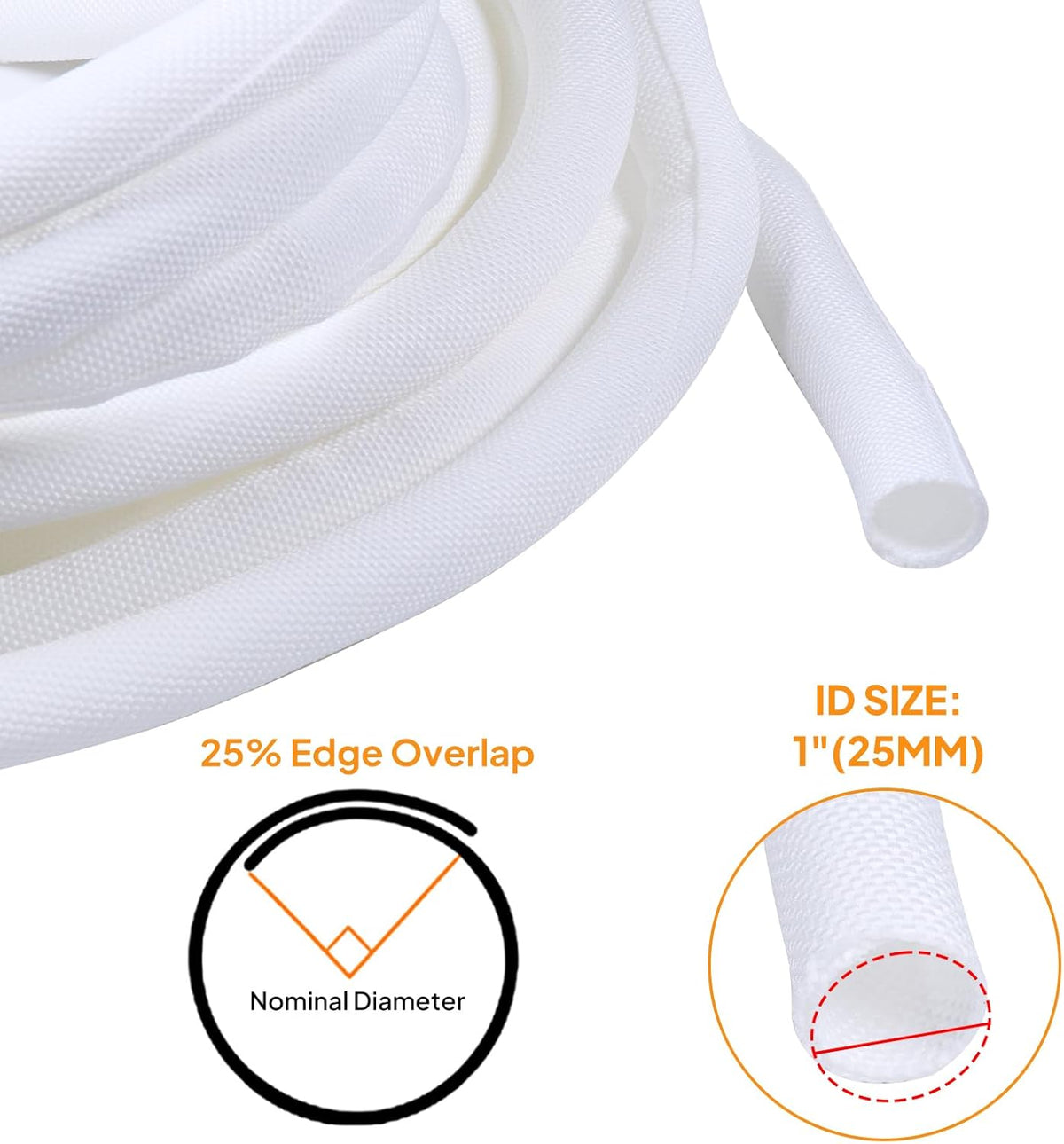 Self-Closing Split Braided Cable Organizer - Curly Cord Protector for Car and Computer Desk Wire Covers (White 1"-22ft)