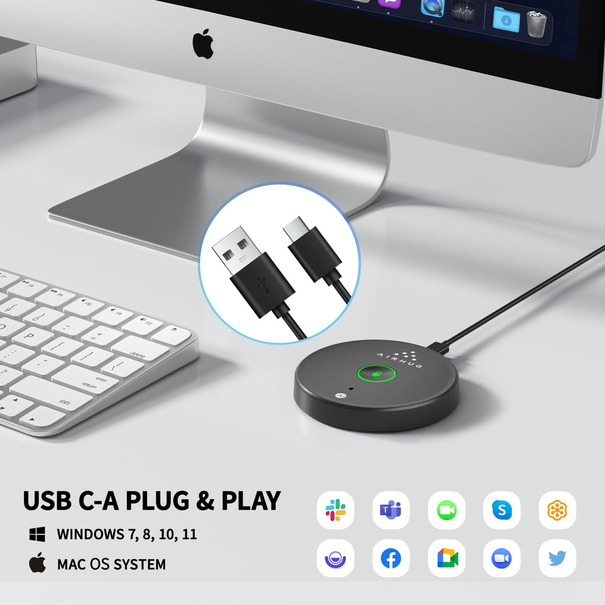 AIRHUG USB Microphone No Speaker,Desktop Computer Mic, Mute Button with LED Indicator,AI Noise Reduction,Plug & Play Omnidirectional Condenser PC