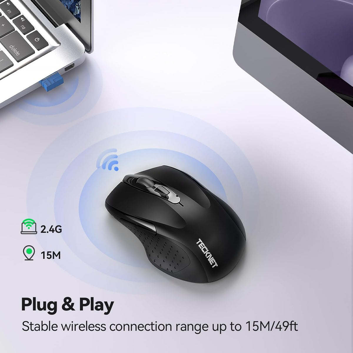TECKNET Wireless Silent Mouse, Quiet Click, 2.4G Optical Cordless Mouse, 6 Adjustable 4000 DPI, Computer Mice for Laptop, Chromebook - Black