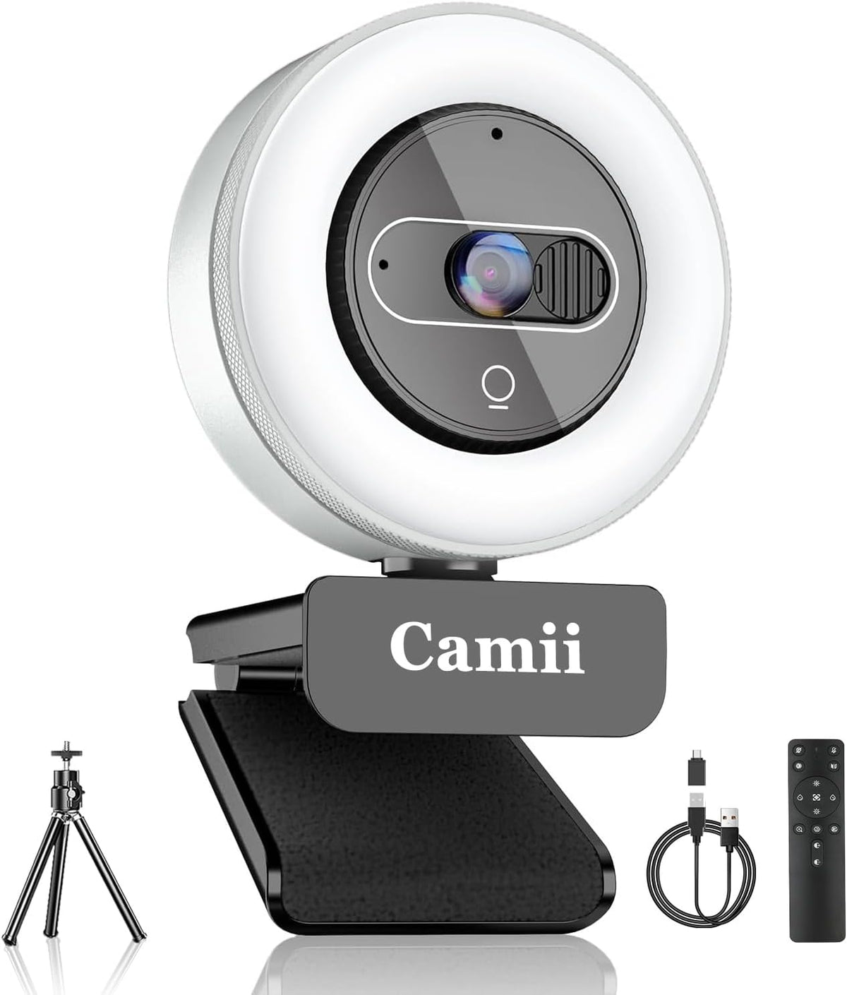 4K Webcam with Light, HD Webcam for PC with Remote Control, Built-in Privacy Cover, Adjustable Brightness, Noise Reduction Mics, for Zoom Skype Teams Laptop and Google Meet