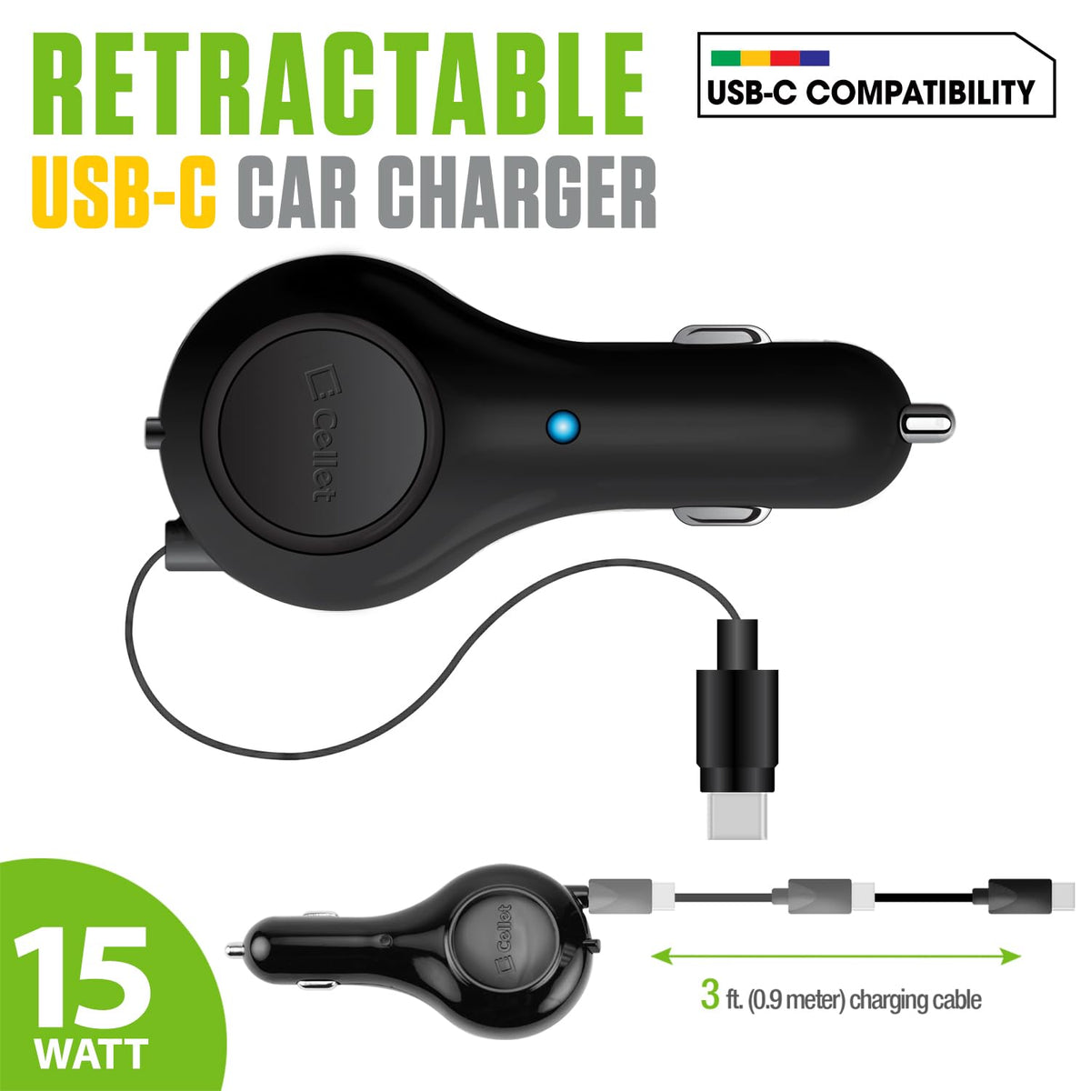 Cellet Retractable USB-C Car Charger - 15W Fast Charging, 3.3ft Cable, 3A Output, Blue LED Indicator - Compatible with Apple iPhone 15/16 Series