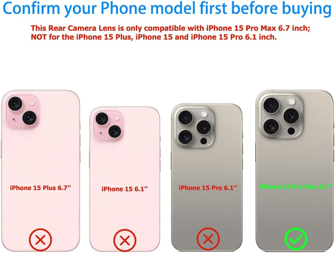 Rear Camera Lens Glass Replacement for iPhone 15 Pro Max with Pre-Installed Adhesive, Installation Manual, Repair Tool