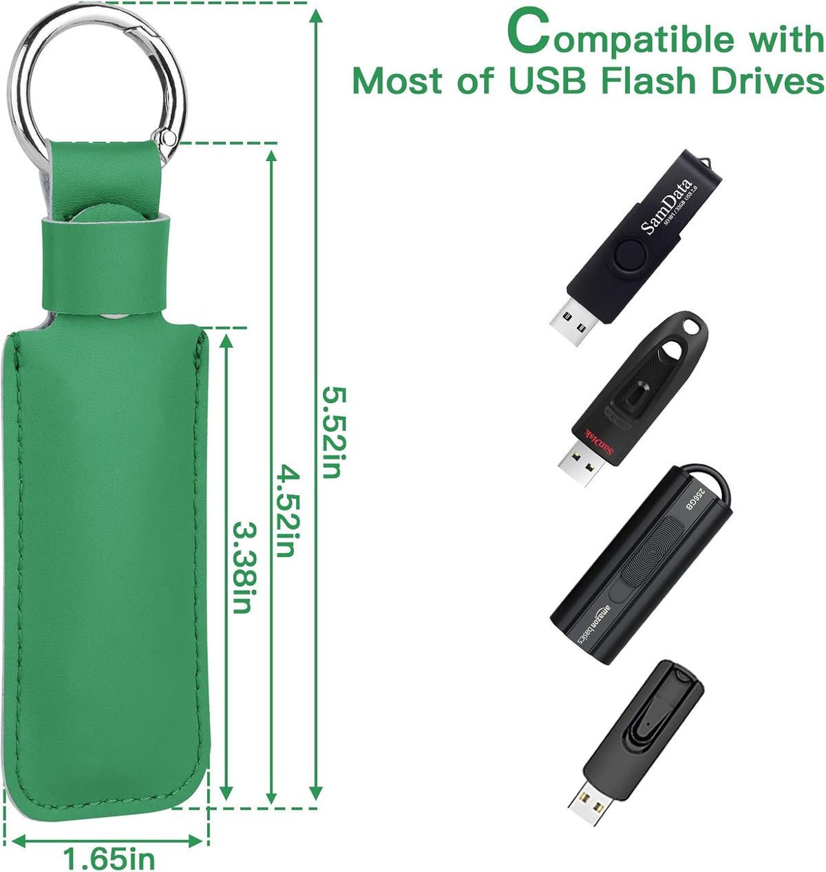 Microfiber Leather USB Flash Drive Case, Anti Lost Holder with Keychain, Small Portable Storage (1PC, Green)