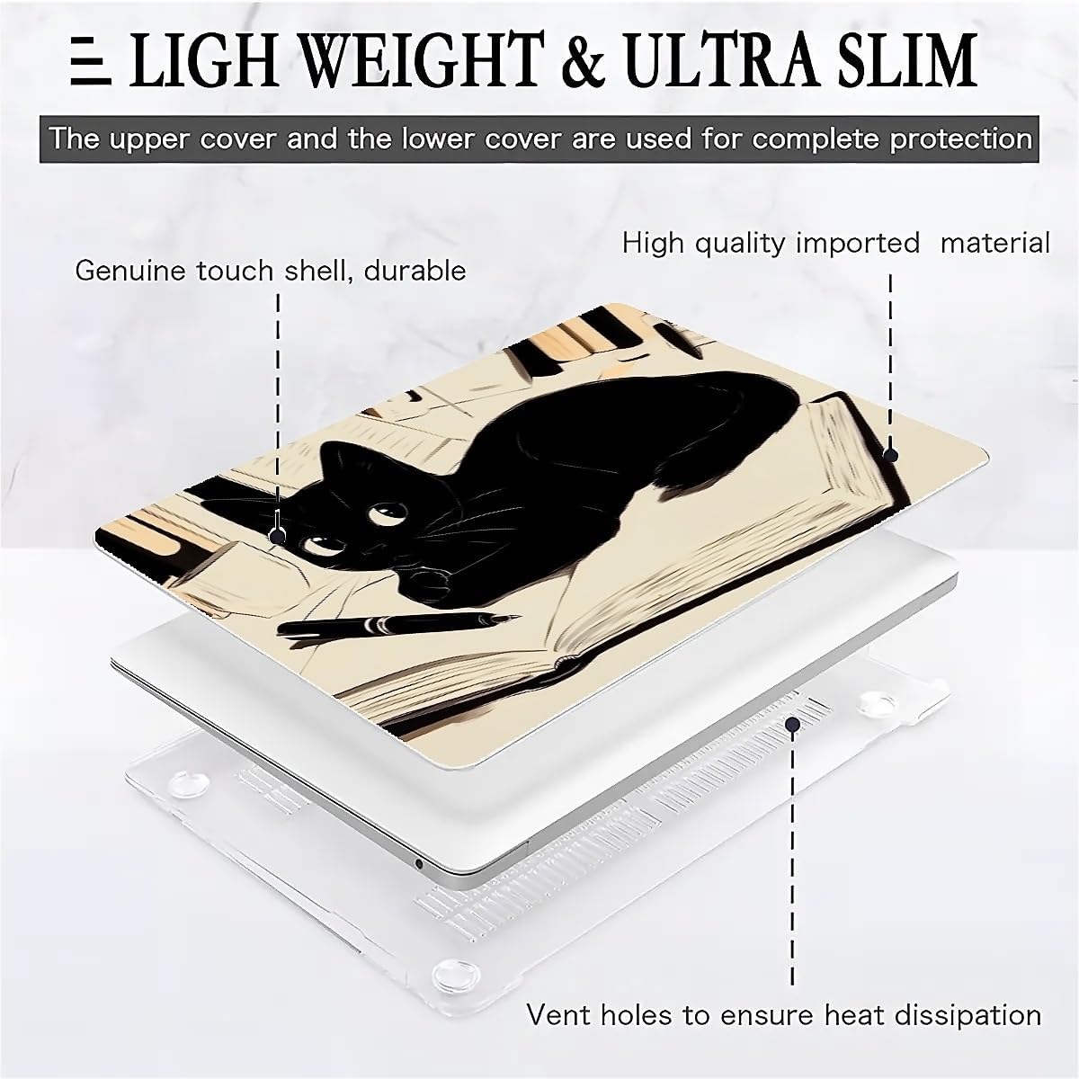Compatible with MacBook Air 13.3 13.6 Inch Case 2022 2021 2020 2019 Plastic Hard Shell Case Cover,13.6 Air (A2681) M2 2022, Black Cat
