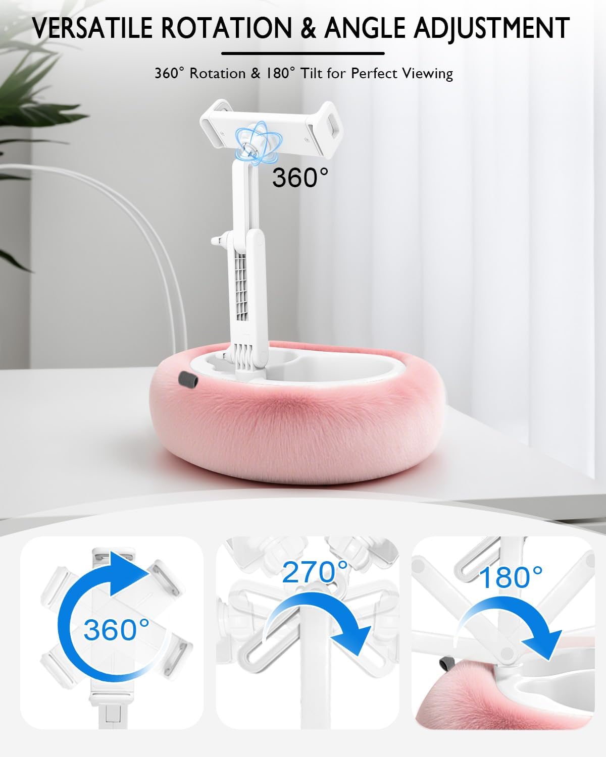 Tablet Pillow Stand, Compatible with 4.7"-12.9" Kindle, iPad, Phone/Tablet, Google, 360° Rotating Phone Holder for Bed, Detachable Bowl, Reading and Relaxation on Bed, Pink, Large (Faux Fur Pillow)