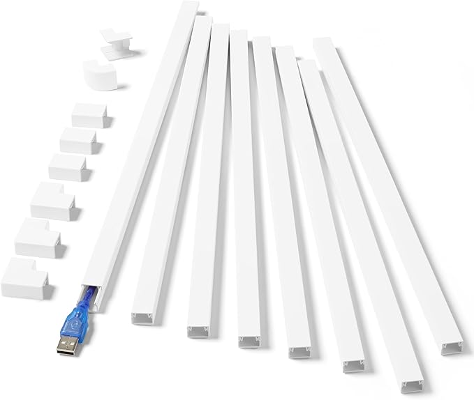 One-Cord Hider Kit, 126in Cable Covers for Wires on Wall, Mini Wire Hider for Wall Mounted TV, White Cable Raceway, Paintable Cord Cover Cable Management for Home Office, 8 x L15.7in W0.6in H0.4in