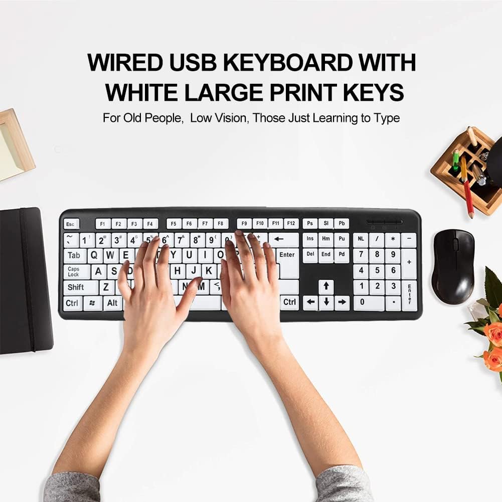 Black USB Wired Computer Keyboard, Low Vision Keyboard with White Large Print Keys