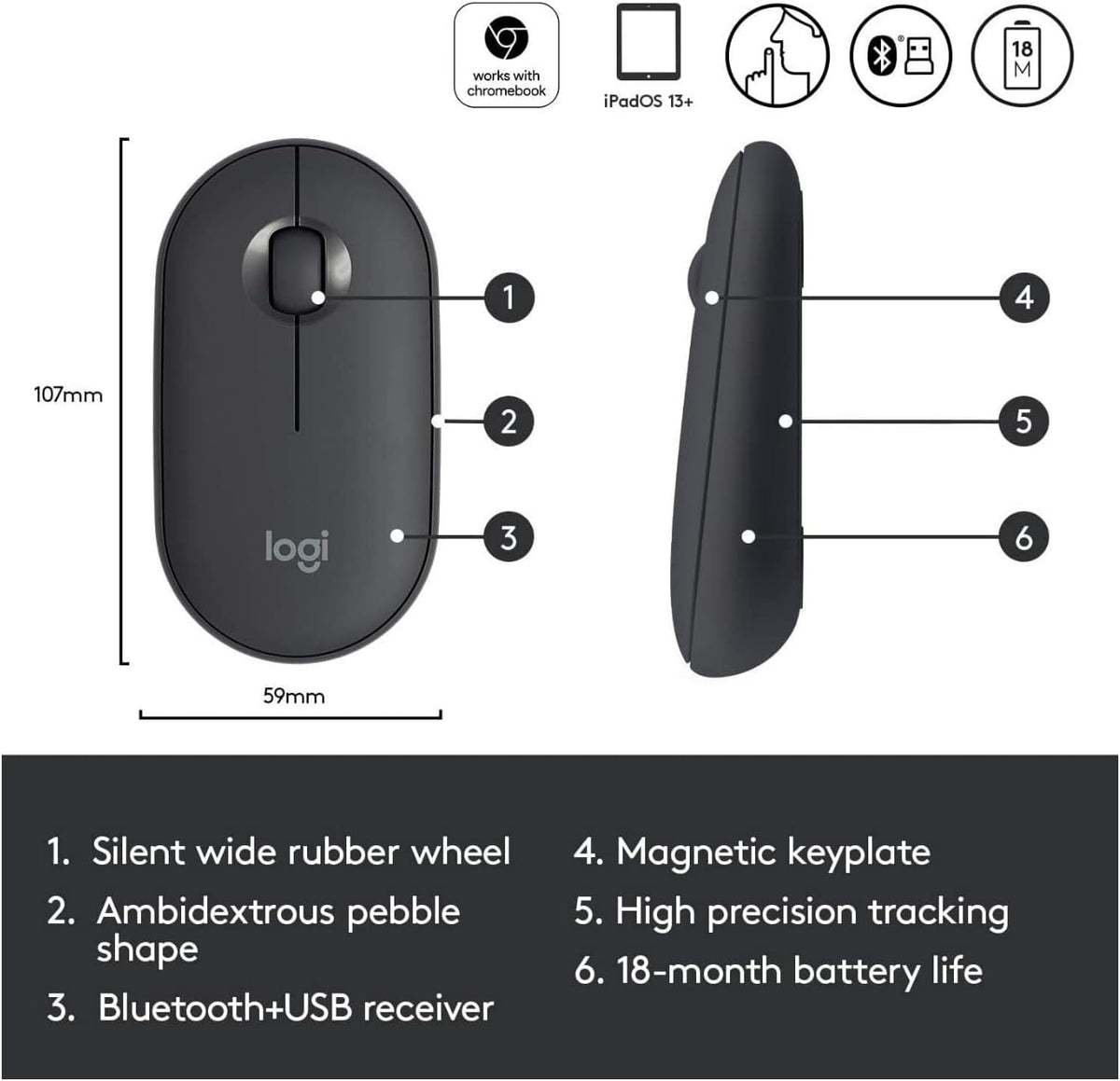 Logitech Pebble Wireless Mouse with Bluetooth or 2.4 GHz Receiver, Silent Slim Design for Laptop, PC, Mac, Chromebook