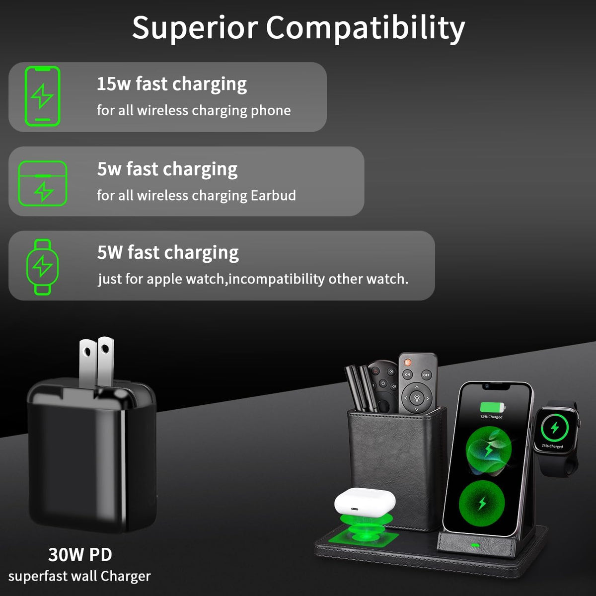 Office Supplies Desk Accessories,Pen Holder Remote Control Holder, Organizer with Phone Charger,Nightstand Desktop Organizer,Black Leather Desk Organizer With Charging Station (black)