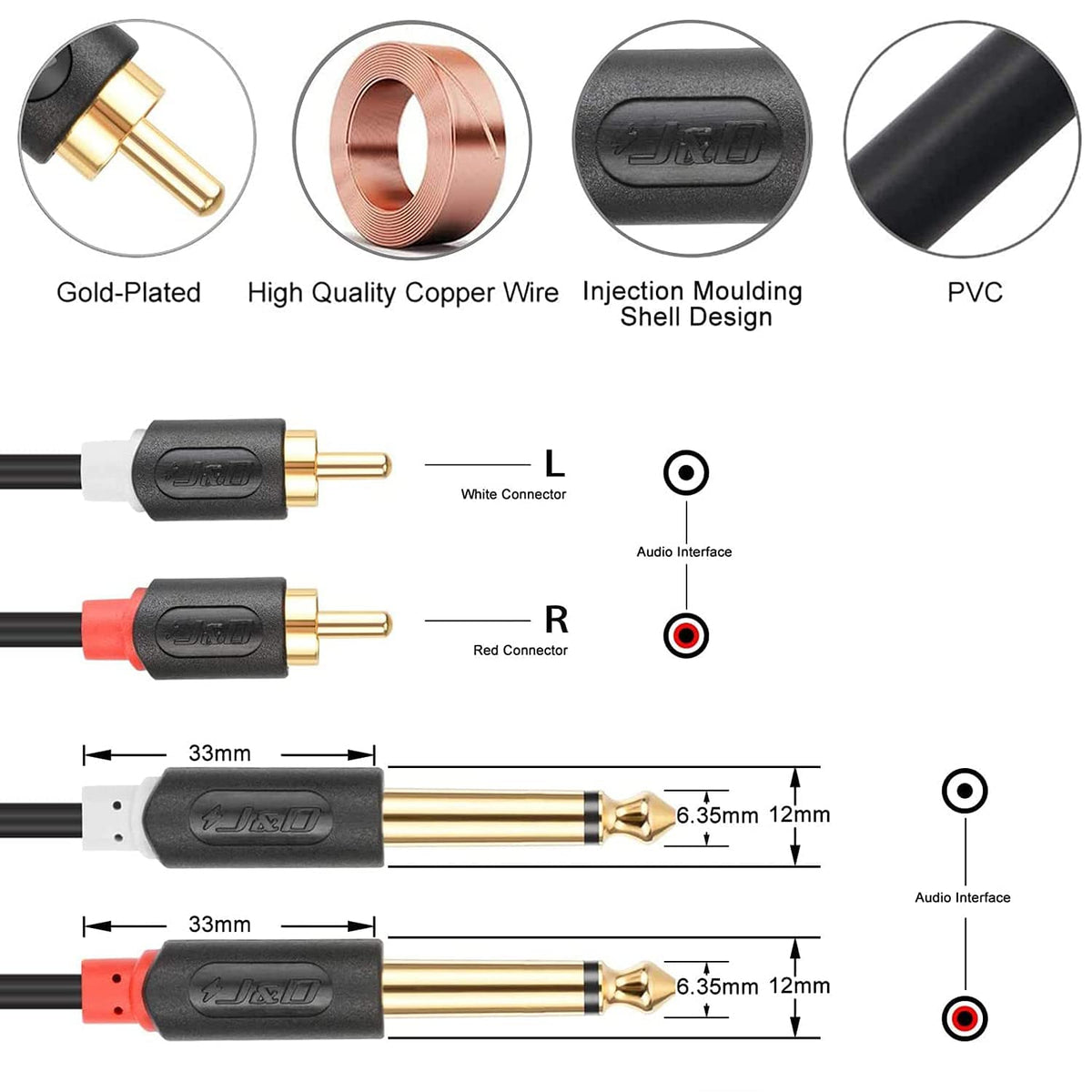 1/4 inch 2 6.35 mm 2 6 J&D Dual TS to Dual RCA Stereo Audio Interconnect Cable, Gold Plated Audiowave Series x Male TS