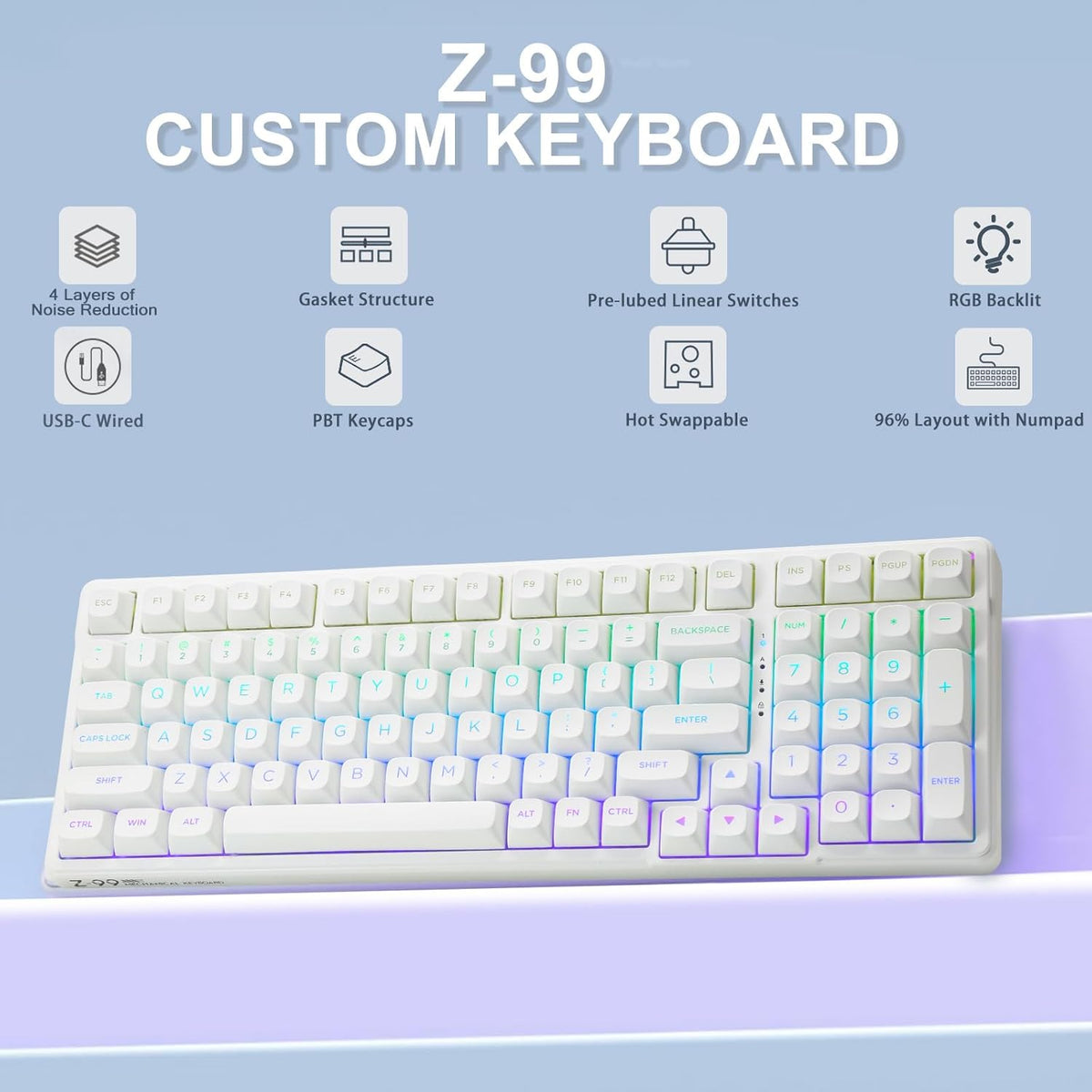 HUO JI E-Yooso Creamy Mechanical Keyboard Wired, Hot Swappable, Pre-lubed Linear Switches, Gasket Structure with Sound Dampening Foam, RGB Backlit, 99 Keys Custom Gaming Keyboard for PC/Mac,White