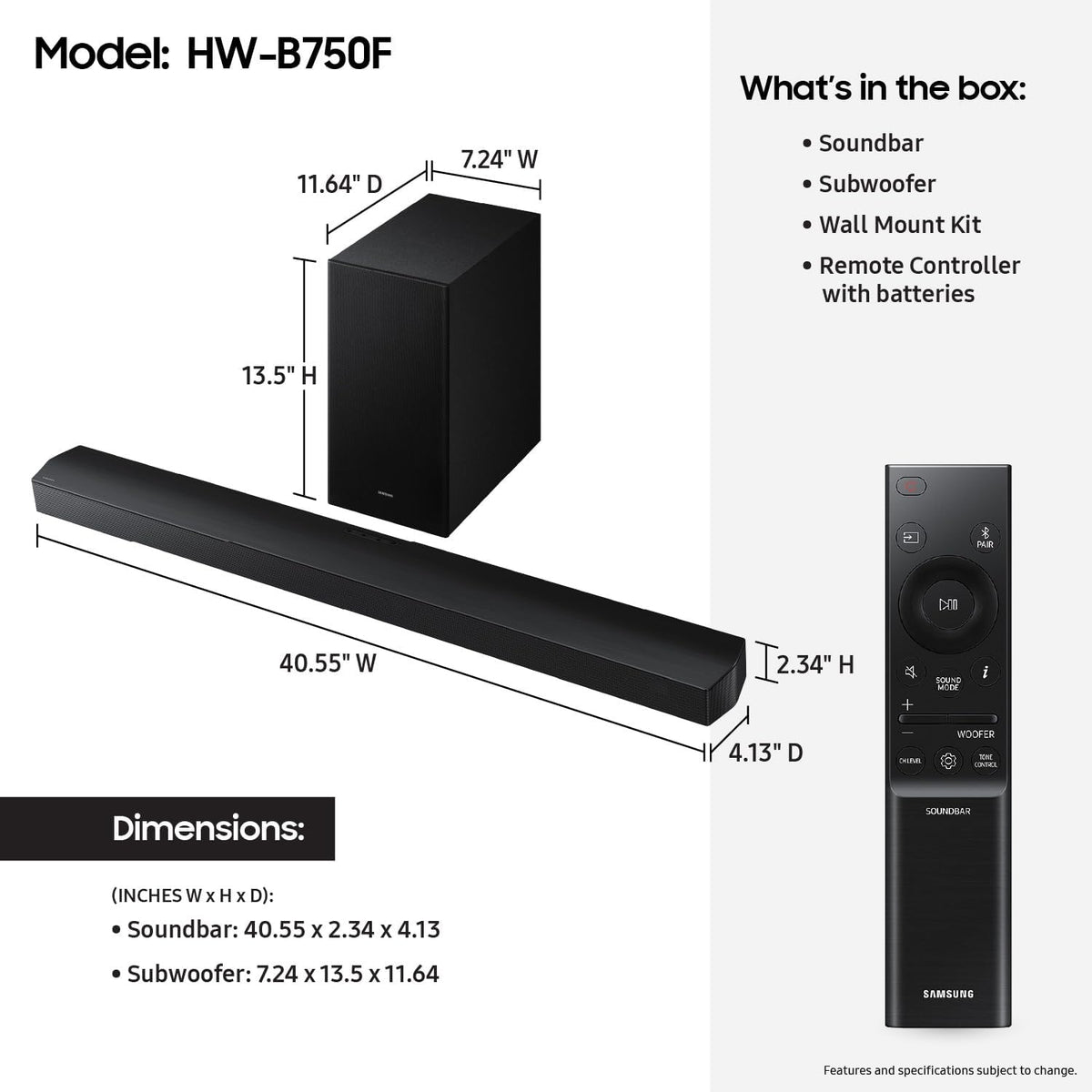 Samsung B-Series Soundbar HW-B750F 5.1 ch Subwoofer (2025 Model) Voice Enhance Mode, Q-Symphony, Adaptive Sound