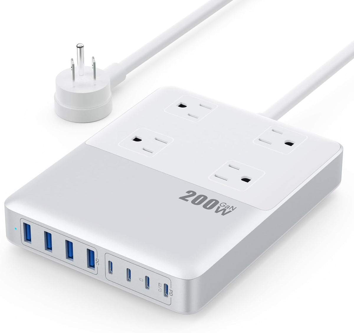 12-in-1 Charging Station USB C Power Strip with 5ft Cord,200W GaN IV USB C Charger Block,4 AC Outlets,4 USB-A,4 USB-C for MacBook,iPhone 16/15/14,Fast Charging Desktop Charger for Office (A-White)