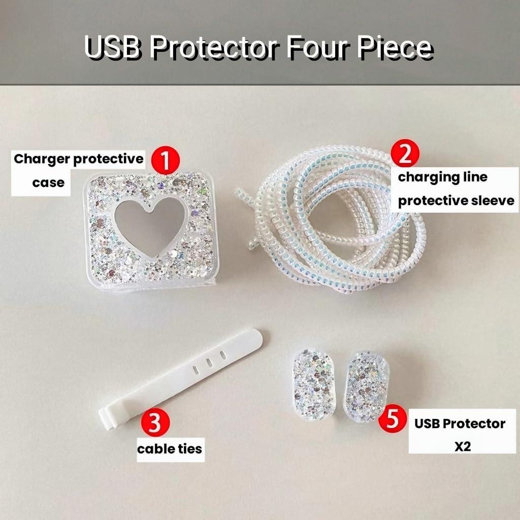 Cable Protector for iPhone Charger, Sparkle Love Heart Design for Women, Luxury Soft Data Line Cover (Silver)