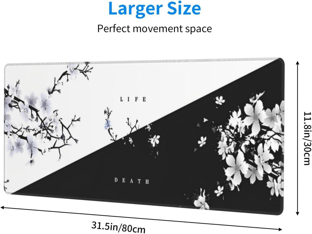 Japanese Life Death Keyboard Mat, Black White Japanese Anime Gaming Mouse Pad for Desk with Anti-Slip Rubber Base and Stitched Edges, Japanese Sakura Pagoda Sun Mouse Pad