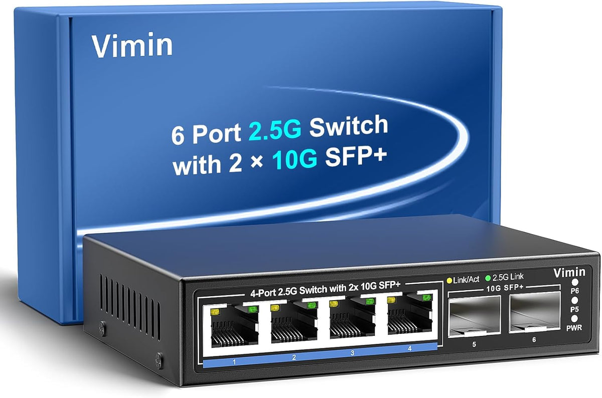 6 Port 2.5G Unmanaged Network Switch, VIMIN 4X 2.5Gbase-T Ports, 2X 10G SFP+ Port, 60Gbps Switching Capacity, IEEE802.3, Metal Housing, Fanless, Work for 2.5Gbps NAS, Wireless AP & PC