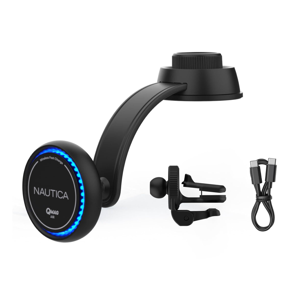Nautica Turan QMAG Air - Wireless Magnetic Car Charger 15W with Cooling Fan and Ambient Light, Includes 4ft USB C Cable, Universal Phone Mount