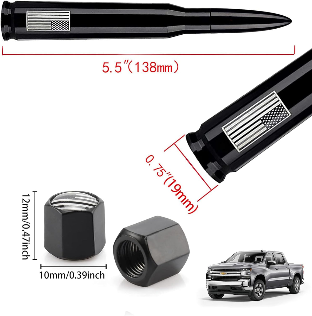 HVSTTPK 1500 2500 3500 F150 F250 F350 American Flag Car Truck Antenna with Valve Stem Caps, Universal Mast for GM Chevy