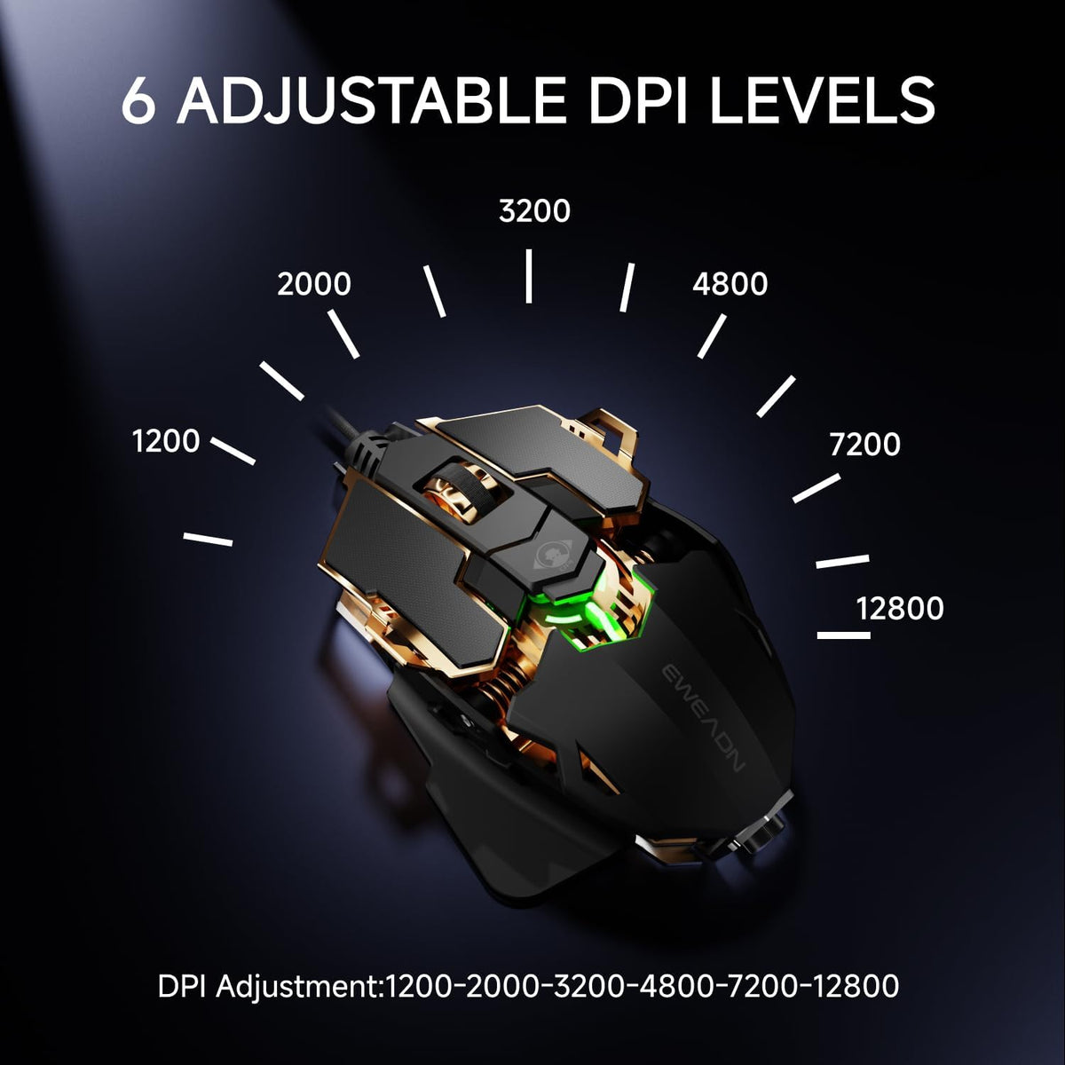 EWEADN G5 Wired Gaming Mouse, Ergonomic RGB Computer Mouse, 12800 Adjustable DPI, 9 Programmable Macro Buttons with Rapid Fire Key Compatible for PC/Laptop/Windows- Black&Gold