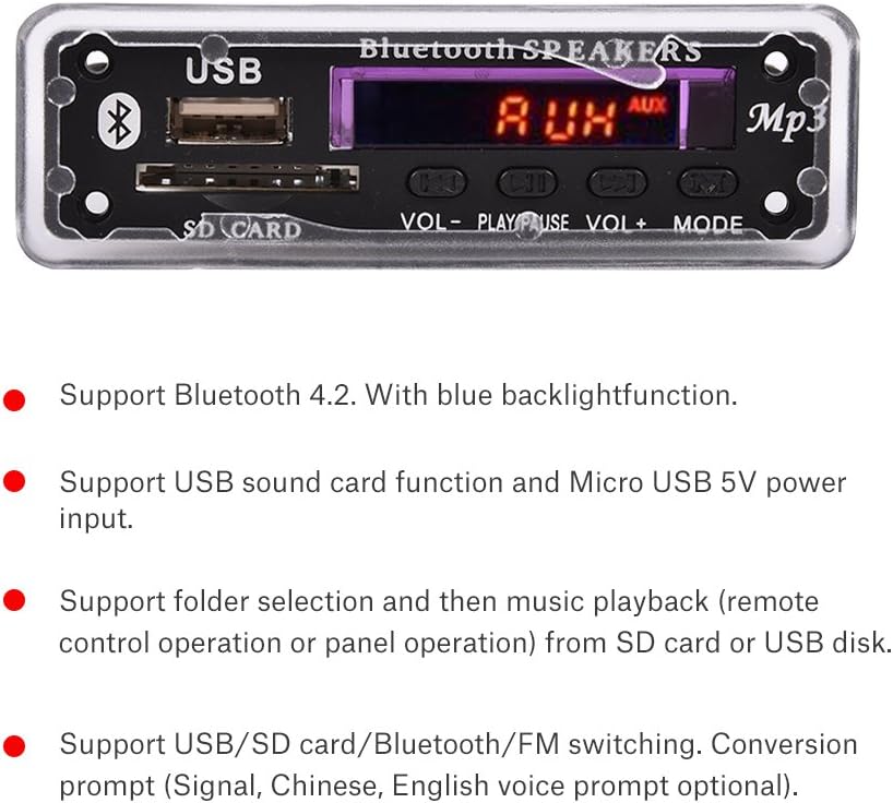MP3 WMA Decoder Board, Audio Wireless Bluetooth 4.2 Module, 12V, USB/SD Card/Bluetooth/FM Switching Support