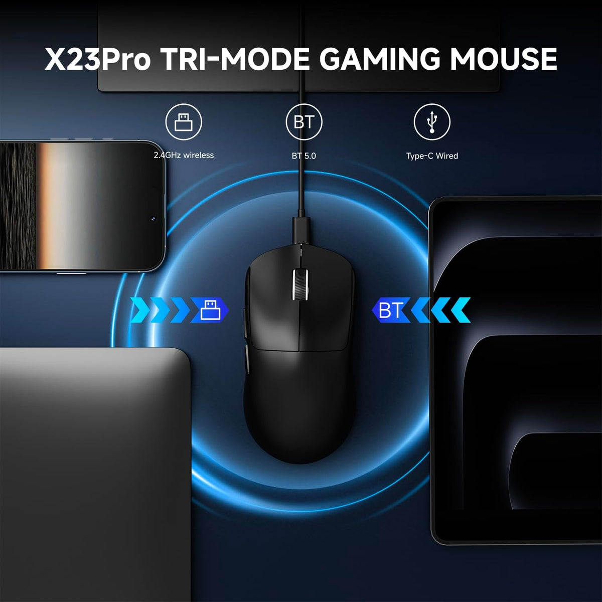 EWEADN X23Pro Wireless Gaming Mouse, 49g Lightweight Mouse, PAW3311 Sensor, 12000 DPI, 2.4G/BT5.0/USB-C Rechargeable Wireless Mouses with 6 Programmable Buttons for Laptop/PC/Mac, Black