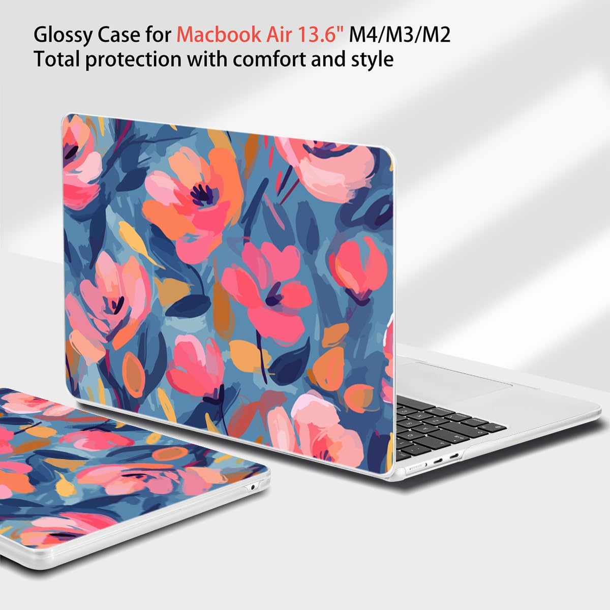Teryeefi Compatible for 2022-2024 2025 MacBook Air 13.6 inch Case M4 A3240 / M3 A3113/ M2 A2681, Flowers Hard Shell Case&Keyboard Cover&Type C Adapter for MacBook Air M4 M3 M2, W-Abstract Pink Flower