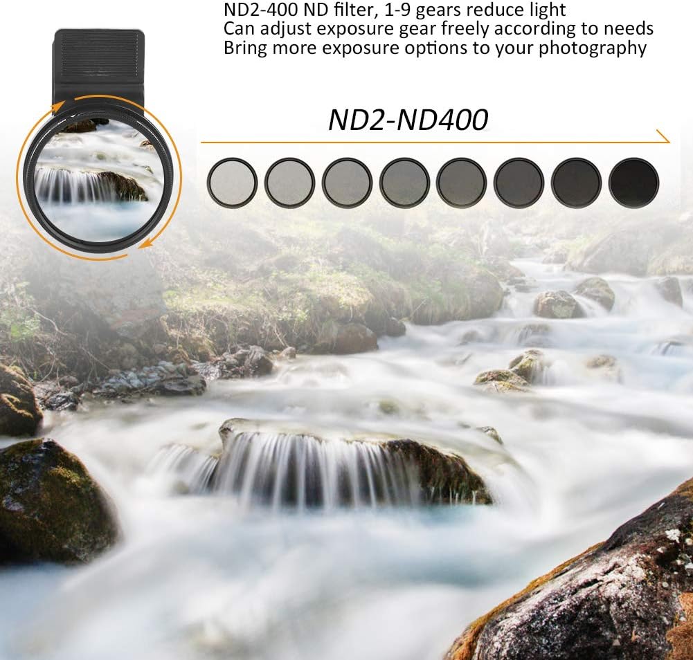 Neutral Density Lens Filter, 37MM ND2-400 Cellphone Camera Lens Filter Kit with Adjustable Clip