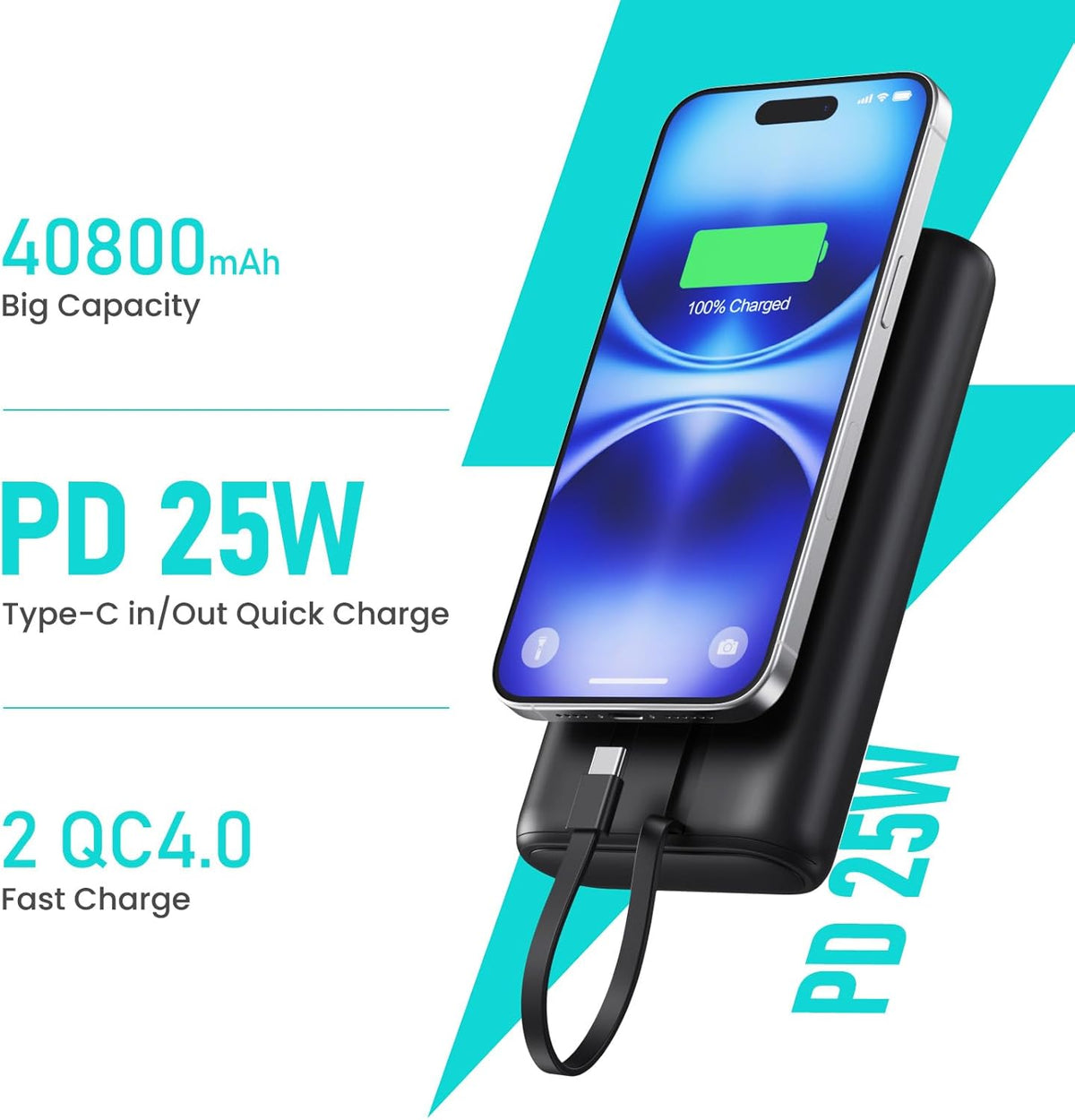 Portable Charger 40,800mAh Power Bank 25W Portable Battery Pack with 2 Built in Cables [2024 Upgraded], PD QC4.0 Fast Charging Portable Phone Charger Compatible with iPhone 16/15,Android Samsung-Black