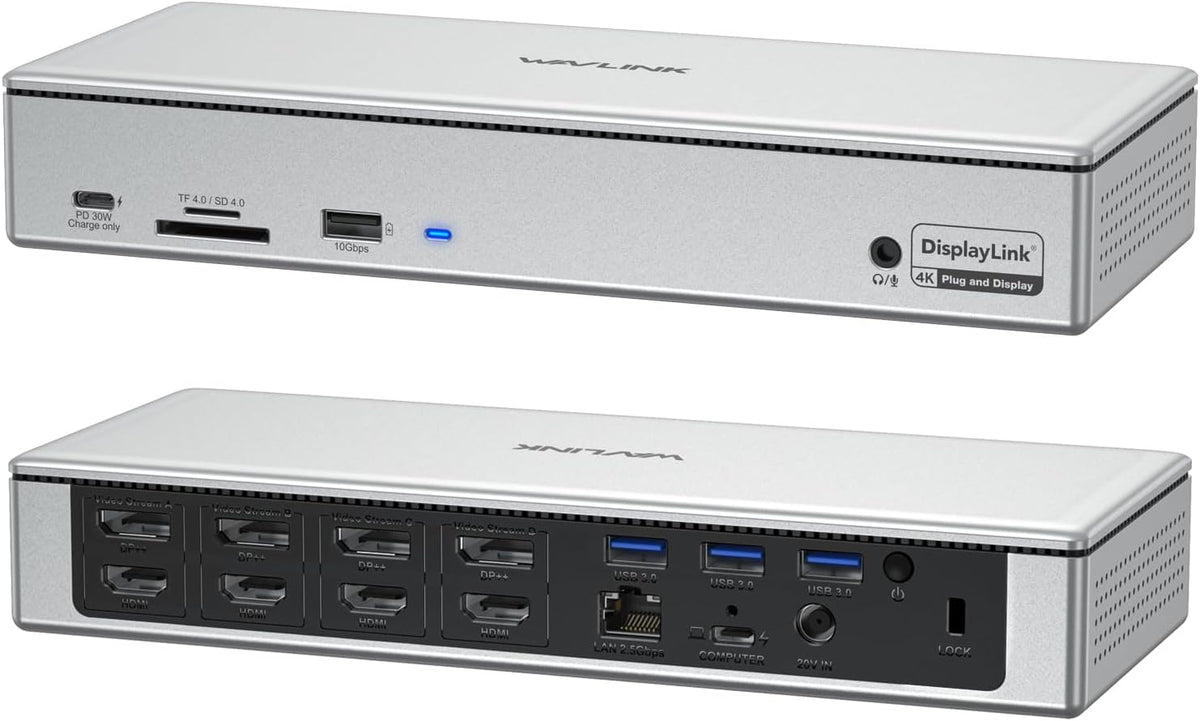 WAVLINK DisplayLink Laptop Docking Station - Quad Monitor 5K/4K @60Hz, 100W Charging - Thunderbolt 4/3, USB-C/A - M1 M2 Mac/Windows/Chrome/Ubuntu - 4 HDMI, 4 DP, 180W Power, SD 4.0 CR, 2.5Gbps LAN