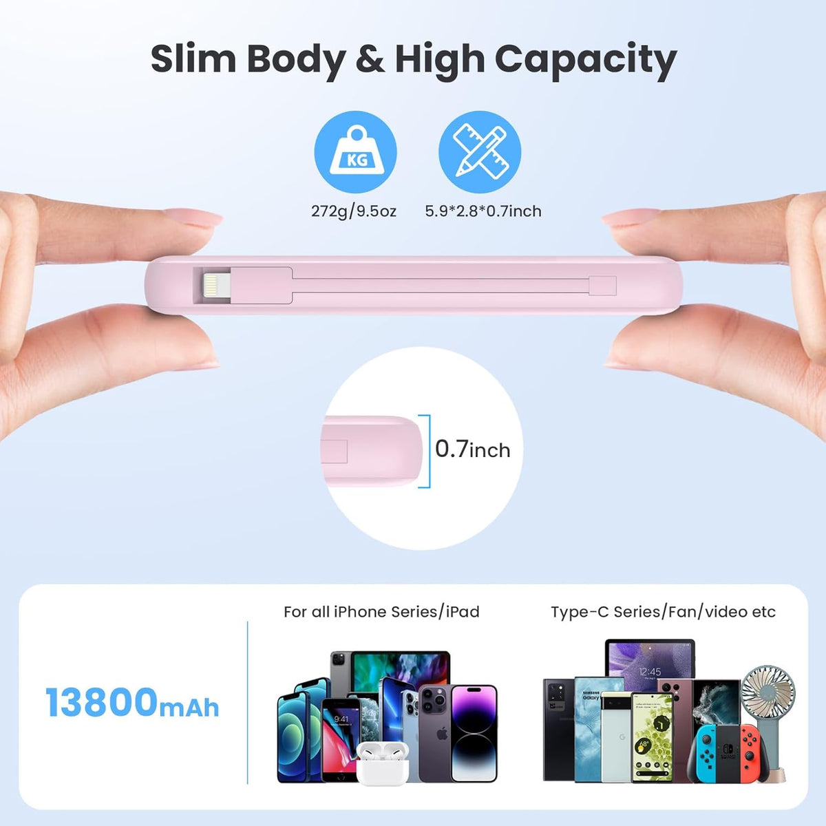 Portable Charger 13800mAh Slim USB C Power Bank with Built in Cables and Wall Plug,LCD Display Lightweight Travel Battery Pack,PD Fast Charging Compatible with iPhone 15,14,Samsung Android-Pink