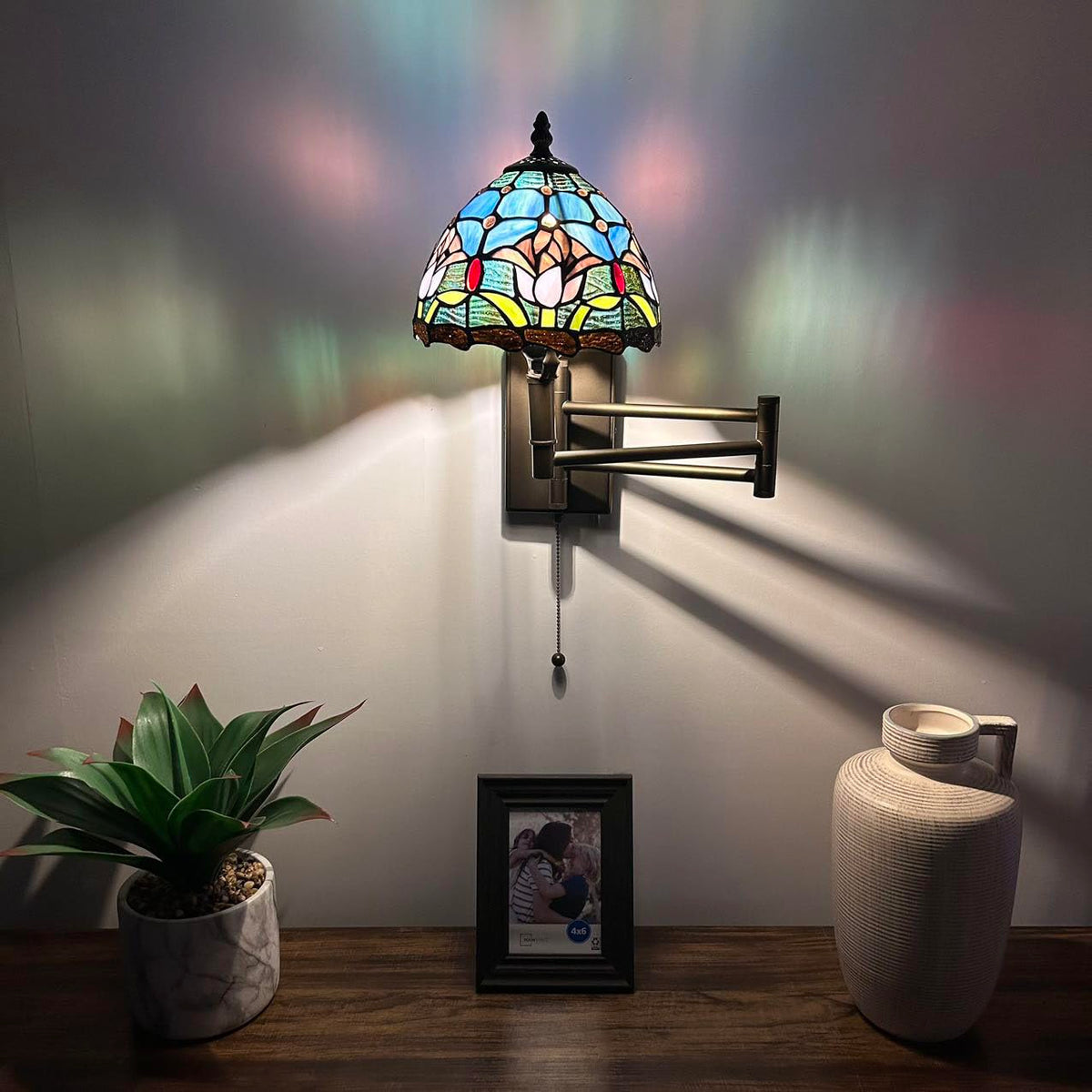 enjoy decor lamps Tiffany Sconce Lamp Swing Arm Blue Stained Glass Purple Tulips Pull Chain Switch LED Bulb Included for Bedroom Living Room