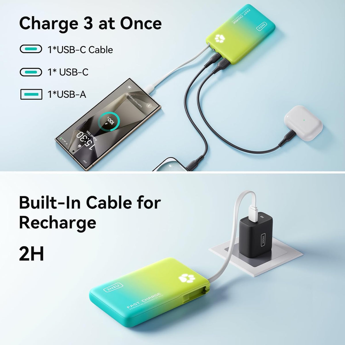 INIU PawGo Portable Charger, 45W PD 10000mAh Fast Charging Slim Power Bank, Built-in USB C Cable Battery Pack, Travel Essentials Powerbank for iPhone 16/15 Pro Max, Samsung S25/S24 etc, Tropic Punch